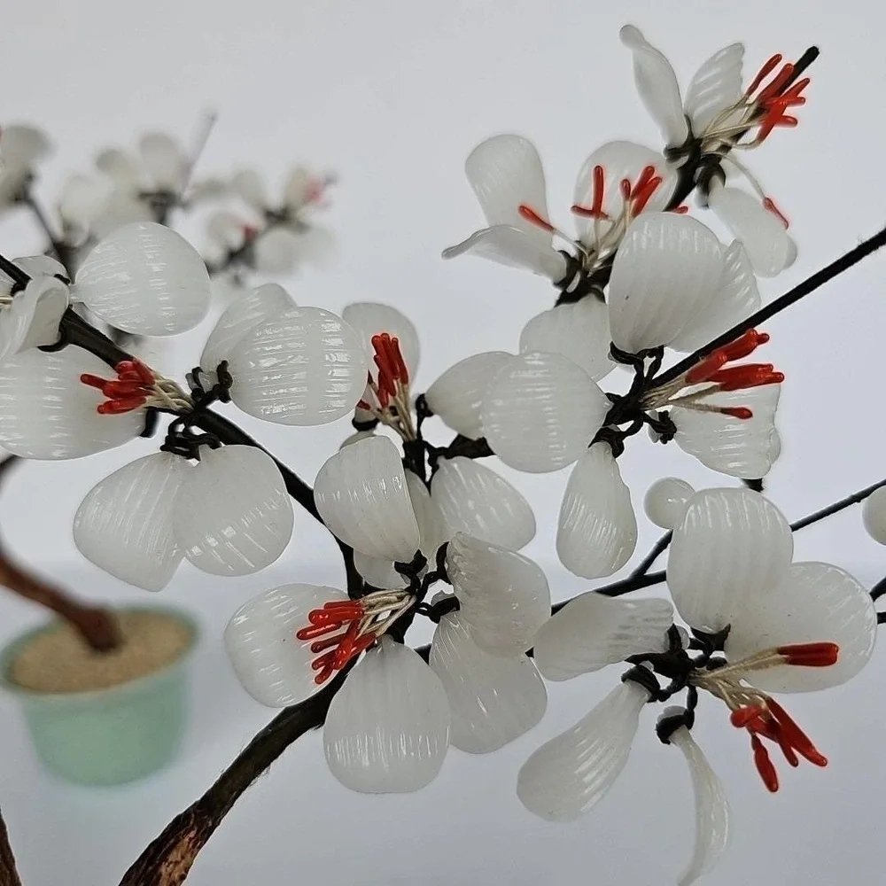Vintage Chinese Glass Bonsai Tree Pair White Plum Blossom Celadon‎ Pot Decor